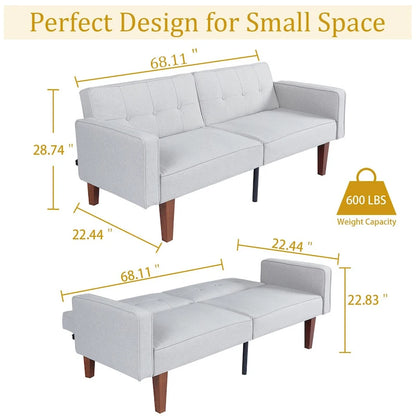 68 in. Soft Convertible Sofa Bed with Adjustable Backrest and Solid Wood Legs