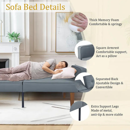 68 in. Soft Convertible Sofa Bed with Adjustable Backrest and Solid Wood Legs