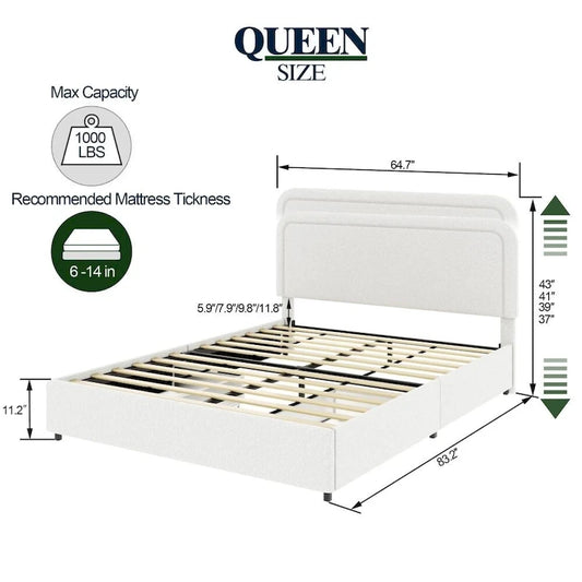 Queen Size Ivory Boucle Upholstered Platform Bed