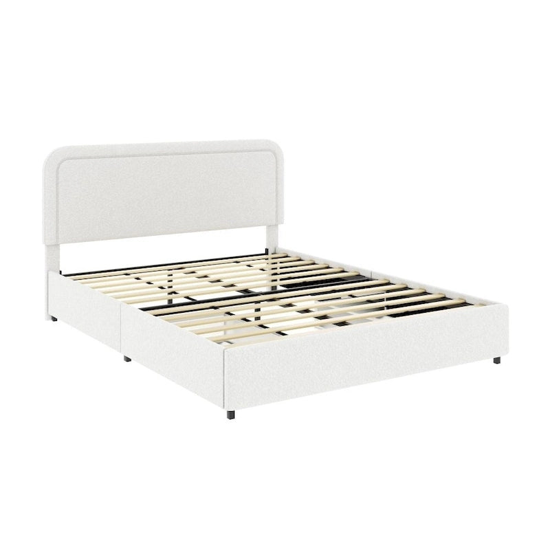 Queen Size Ivory Boucle Upholstered Platform Bed