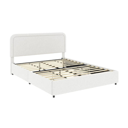 Queen Size Ivory Boucle Upholstered Platform Bed