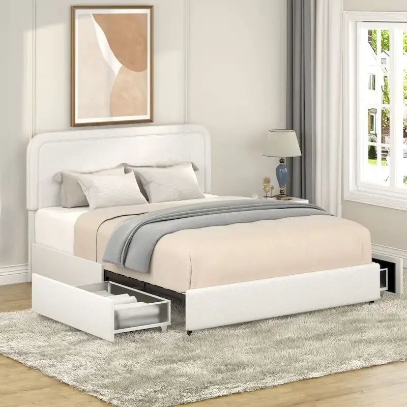 Queen Size Ivory Boucle Upholstered Platform Bed