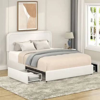 Queen Size Ivory Boucle Upholstered Platform Bed