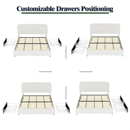 Queen Size Ivory Boucle Upholstered Platform Bed