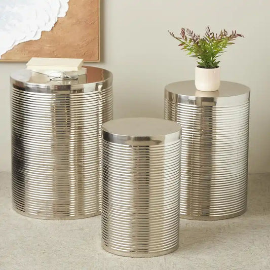 Metal Ribbed or Metallic Ribbed Drum Side End Accent Table - Set of 3 Silver or Gold - Roche River Decor