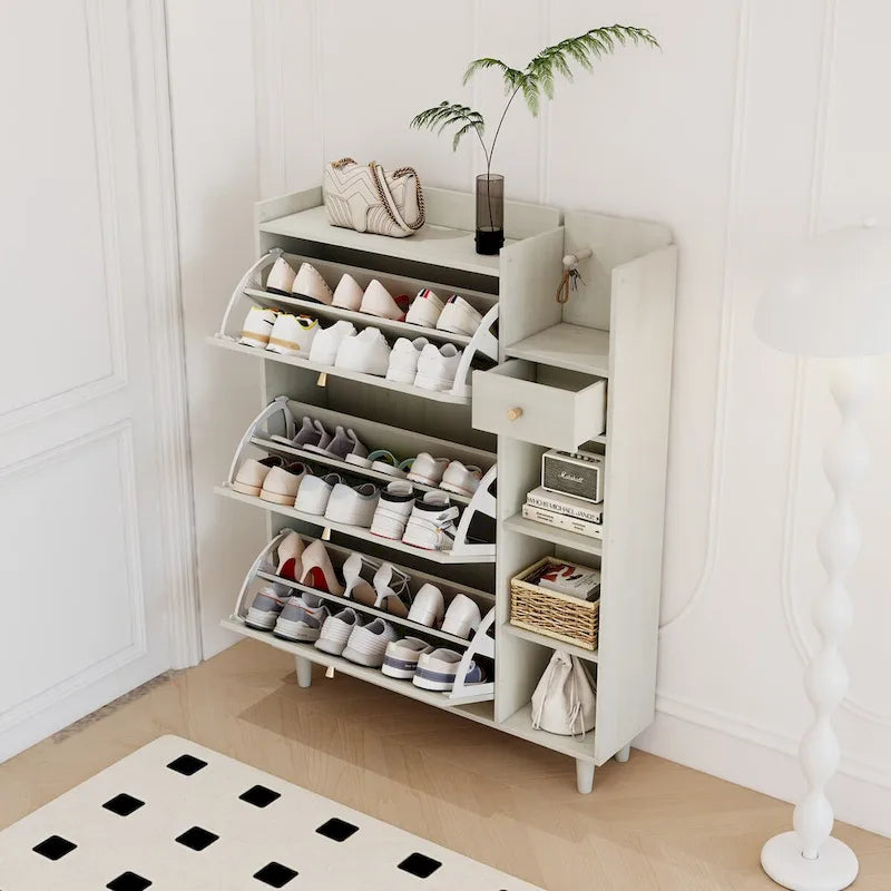 Shoe Cabinet, Shoe Rack Cabinet with 3 Rattan Flip Drawers,3 Square Shelves and 1 Storage Drawer