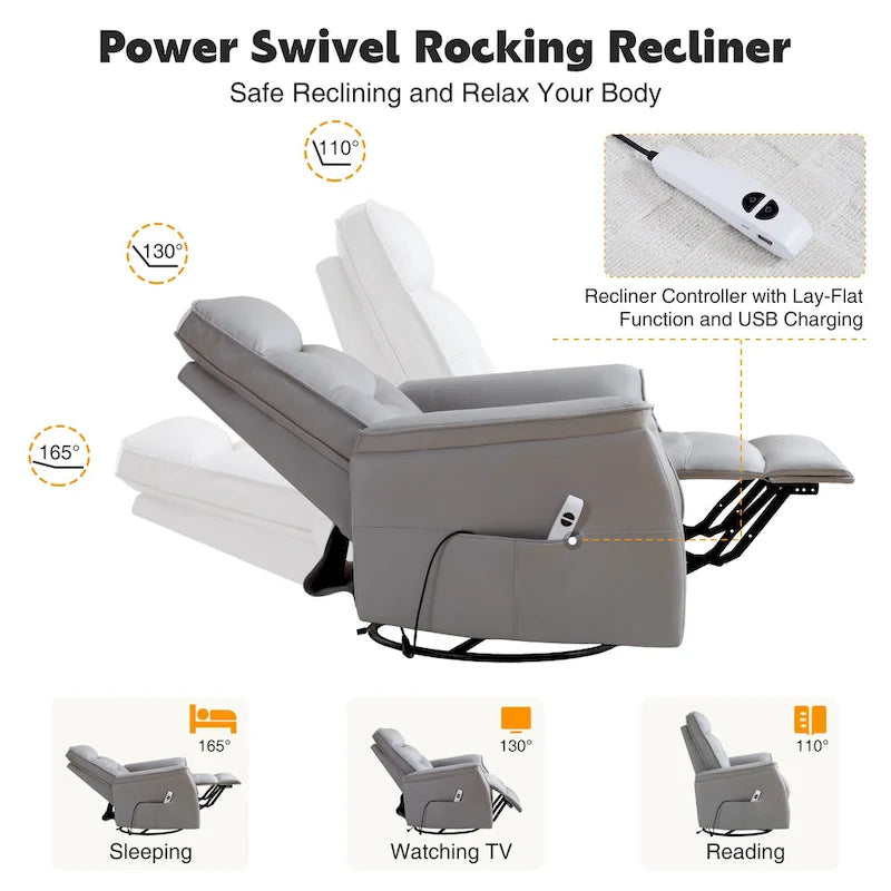 HOMYKA Swivel Power Recliner Faux Leather Glider With USB Port