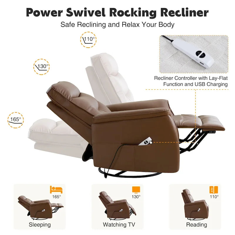 HOMYKA Swivel Power Recliner Faux Leather Glider With USB Port