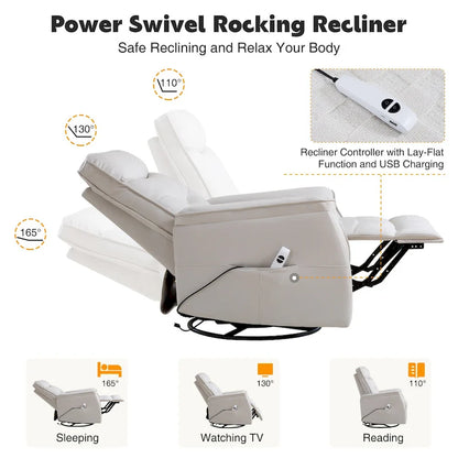 HOMYKA Swivel Power Recliner Faux Leather Glider With USB Port