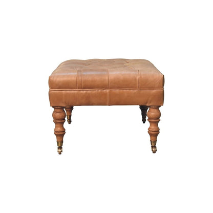 Artisan Furniture Solid Wood Buffalo Tan Leather Ottoman with Castor Legs